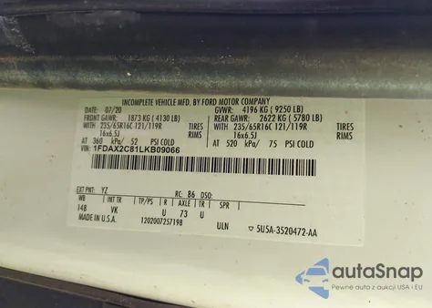 2020 Ford Transit-350 Passenger Van Xl из США, поврежденный, VIN 1FDAX2C81LKB09066